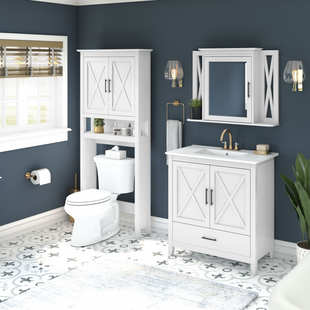 Shop Bush Furniture Key West 32W Bathroom Vanity Sink with Mirror and Over The Toilet Storage Cabinet, Image 02, KWS032WAS, #color_white ash