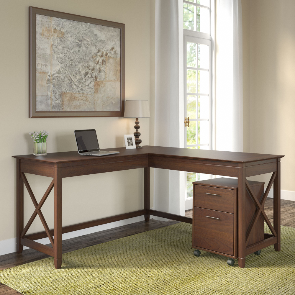 Shop Bush Furniture Key West 60W L Shaped Desk with 2 Drawer Mobile File Cabinet, Image 02, KWS013BC, #color_bing cherry