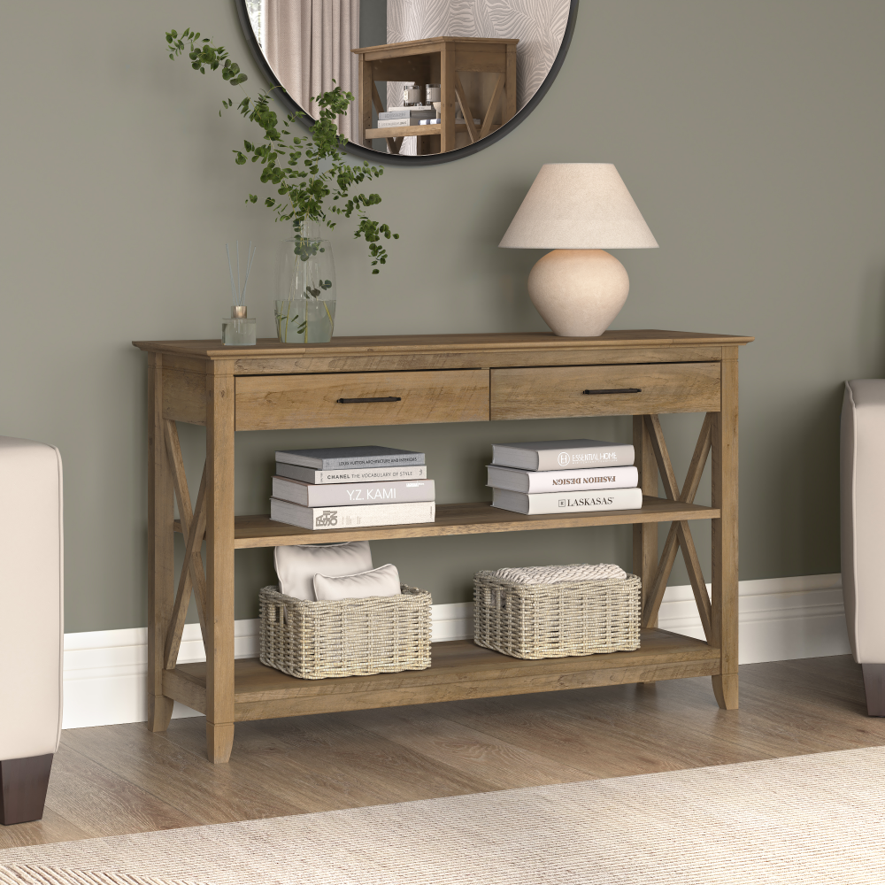Shop Bush Furniture Key West Console Table with Drawers and Shelves, Image 02, KWT248RCP-03, #color_reclaimed pine