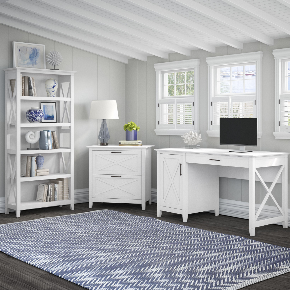 Shop Bush Furniture Key West 54W Computer Desk with 2 Drawer Lateral File Cabinet and 5 Shelf Bookcase, Image 02, KWS009WT, #color_pure white oak