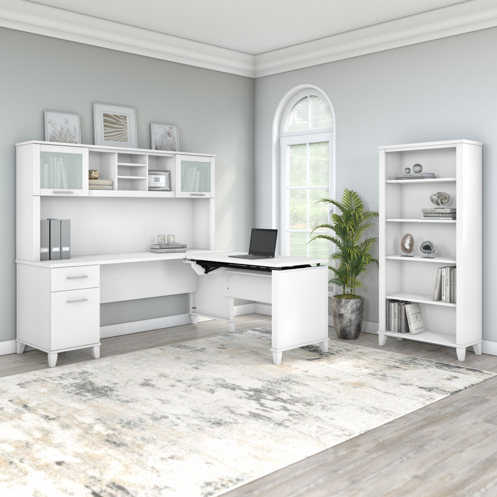 Shop Bush Furniture Somerset 72W 3 Position Sit to Stand L Shaped Desk with Hutch and Bookcase, Image 04, SET017WH, #color_white