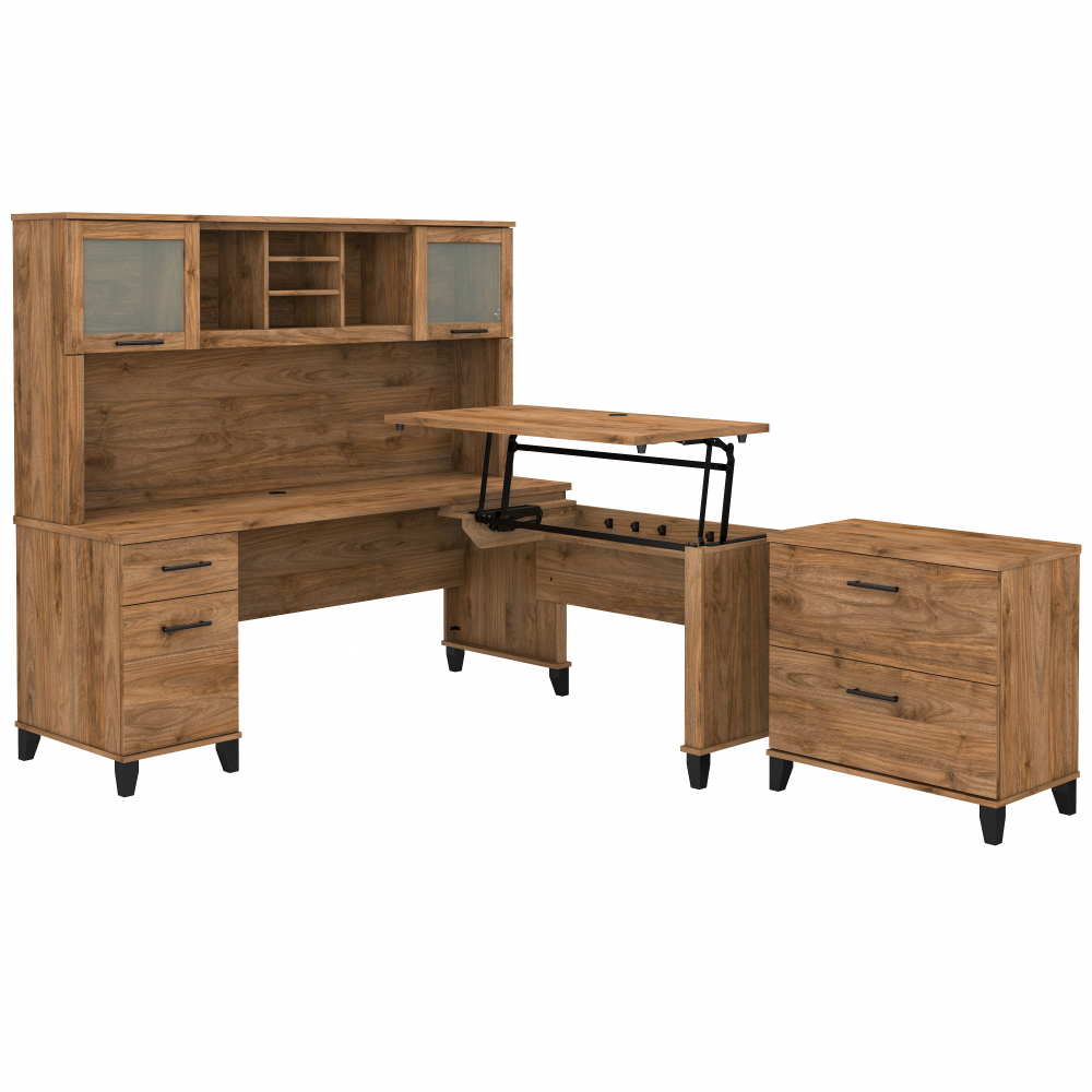 Shop Bush Furniture Somerset 72W 3 Position Sit to Stand L Shaped Desk with Hutch and File Cabinet, Image 01, SET016FW, #color_fresh walnut