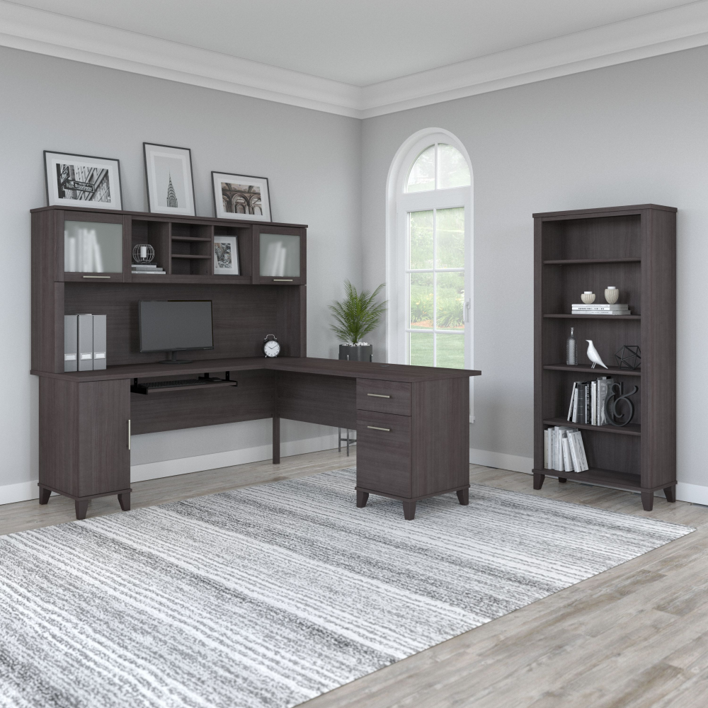 Shop Bush Furniture Somerset 72W L Shaped Desk with Hutch and 5 Shelf Bookcase, Image 02, SET011SG, #color_storm gray
