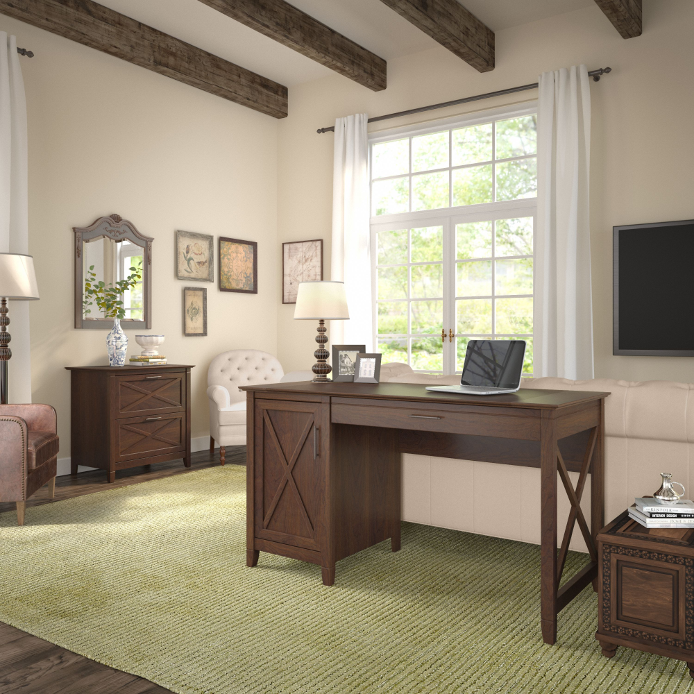 Shop Bush Furniture Key West 54W Computer Desk with Storage and 2 Drawer Lateral File Cabinet, Image 02, KWS008BC, #color_bing cherry