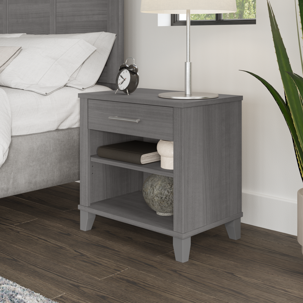 Shop Bush Furniture Somerset Nightstand with Drawer and Shelves, Image 02, STS119PG, #color_platinum gray