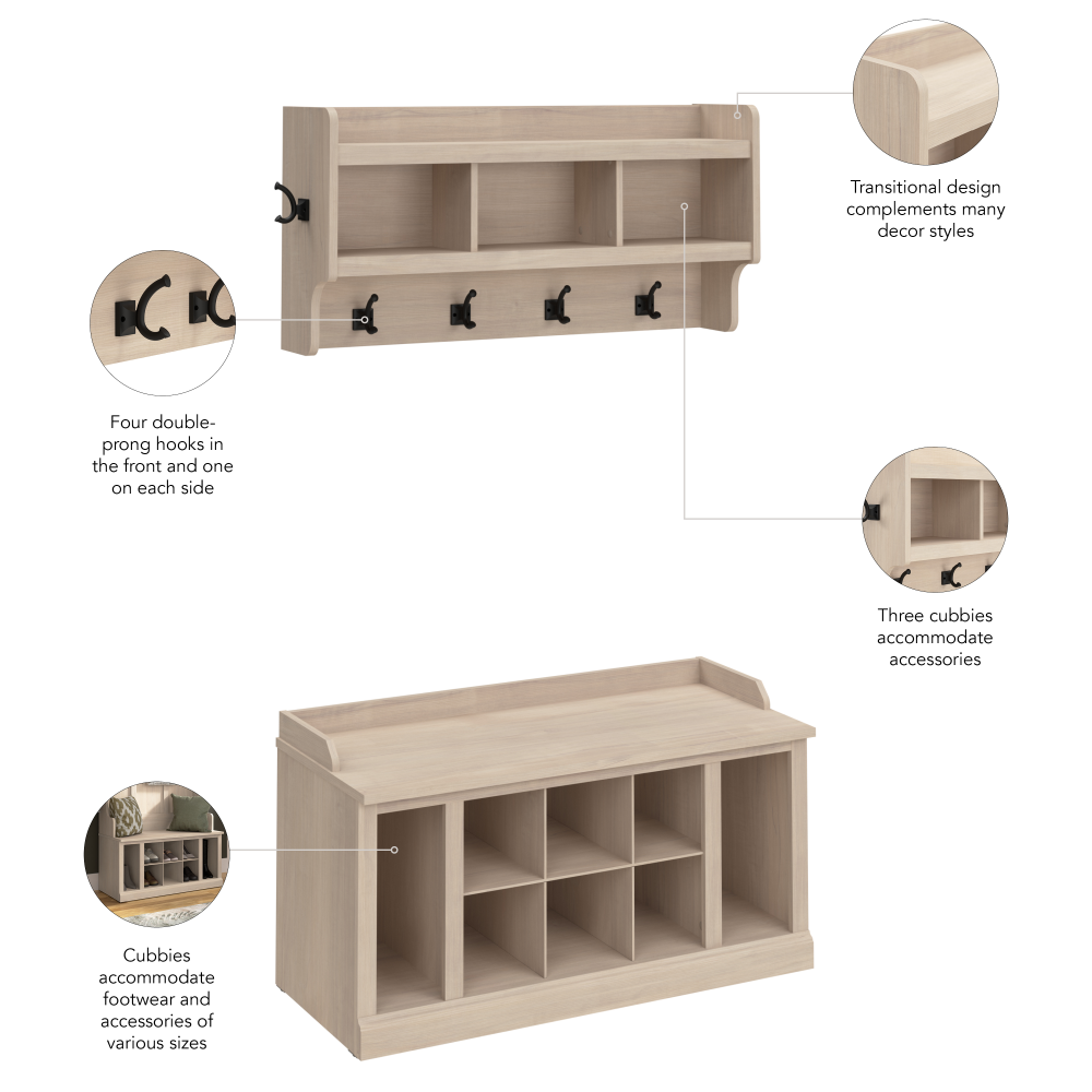 Shop Bush Furniture Woodland 40W Shoe Storage Bench with Shelves and Wall Mounted Coat Rack, Image 07, WDL004WM, #color_white washed maple