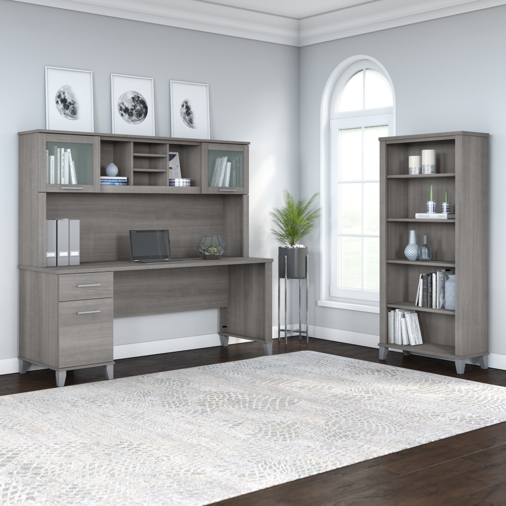 Shop Bush Furniture Somerset 72W Office Desk with Hutch and 5 Shelf Bookcase, Image 02, SET020PG, #color_platinum gray