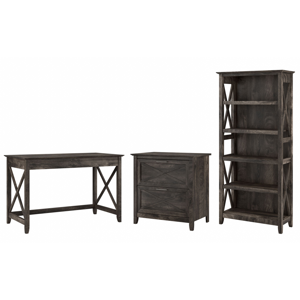 Shop Bush Furniture Key West 48W Writing Desk with 2 Drawer Lateral File Cabinet and 5 Shelf Bookcase, Image 01, KWS004GH, #color_dark gray hickory