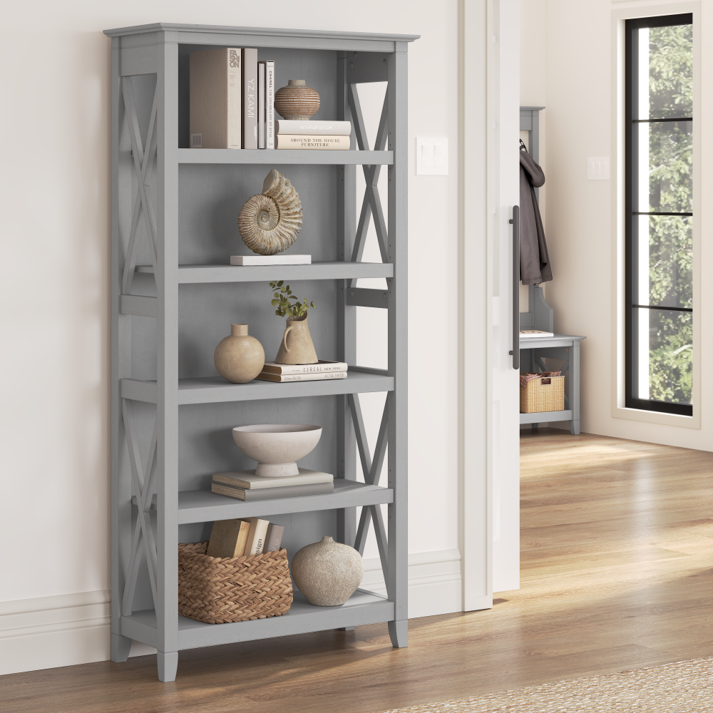 Shop Bush Furniture Key West Tall 5 Shelf Bookcase, Image 02, KWB132CG-03, #color_cape cod gray