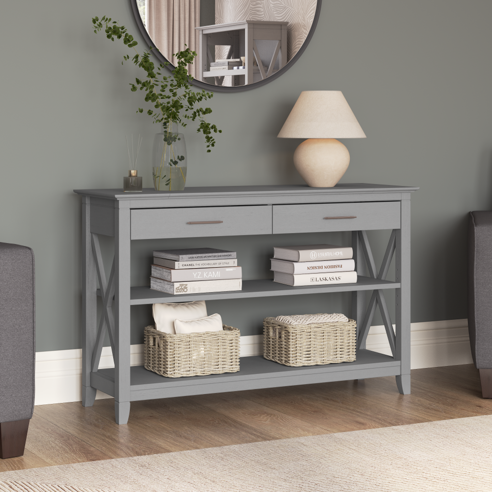 Shop Bush Furniture Key West Console Table with Drawers and Shelves, Image 02, KWT248CG-03, #color_cape cod gray