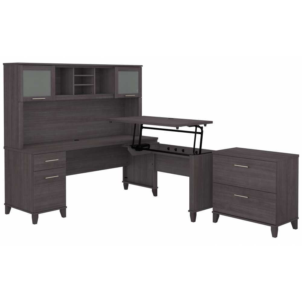 Shop Bush Furniture Somerset 72W 3 Position Sit to Stand L Shaped Desk with Hutch and File Cabinet, Image 01, SET016SG, #color_storm gray
