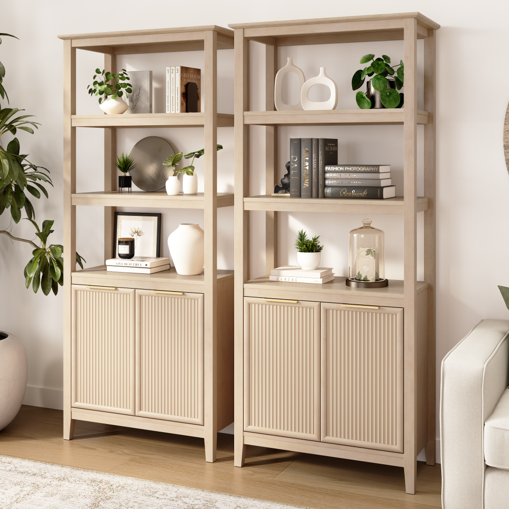 Shop Bush Home Camille Fluted 5 Shelf Bookcase with Doors - Set of 2, Image 02, CML003NB, #color_natural birch