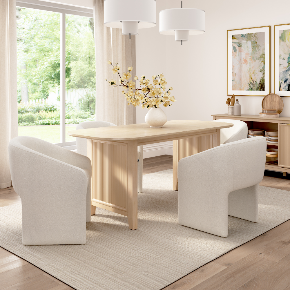 Shop Bush Home Camille Fluted Base 71W Dining Table with 4 Upholstered Barrel Dining Chairs, Image 02, CML013OB, #color_natural birch/light cream fabric