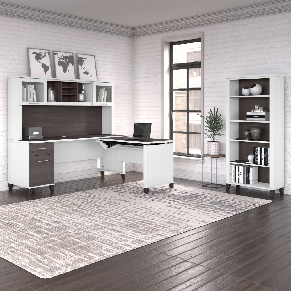 Shop Bush Furniture Somerset 72W 3 Position Sit to Stand L Shaped Desk with Hutch and Bookcase, Image 04, SET017SGWH, #color_storm gray/white