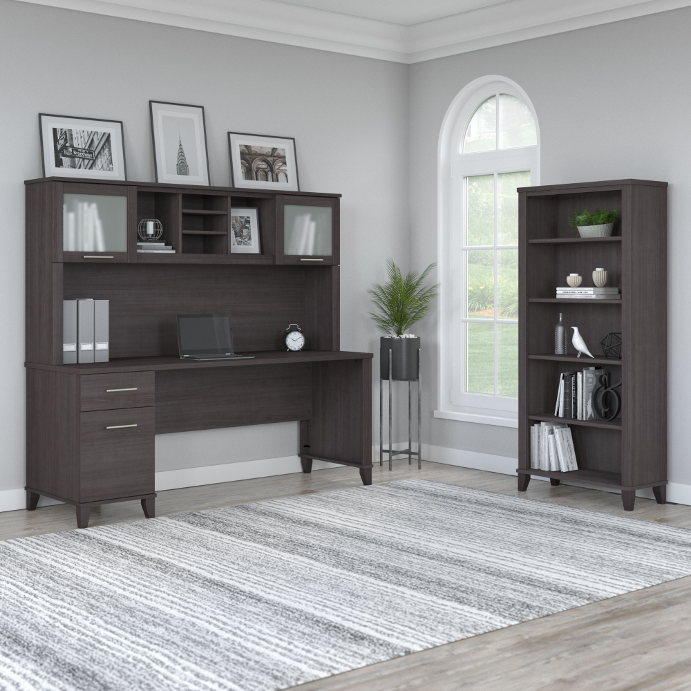 Shop Bush Furniture Somerset 72W Office Desk with Hutch and 5 Shelf Bookcase, Image 02, SET020SG, #color_storm gray
