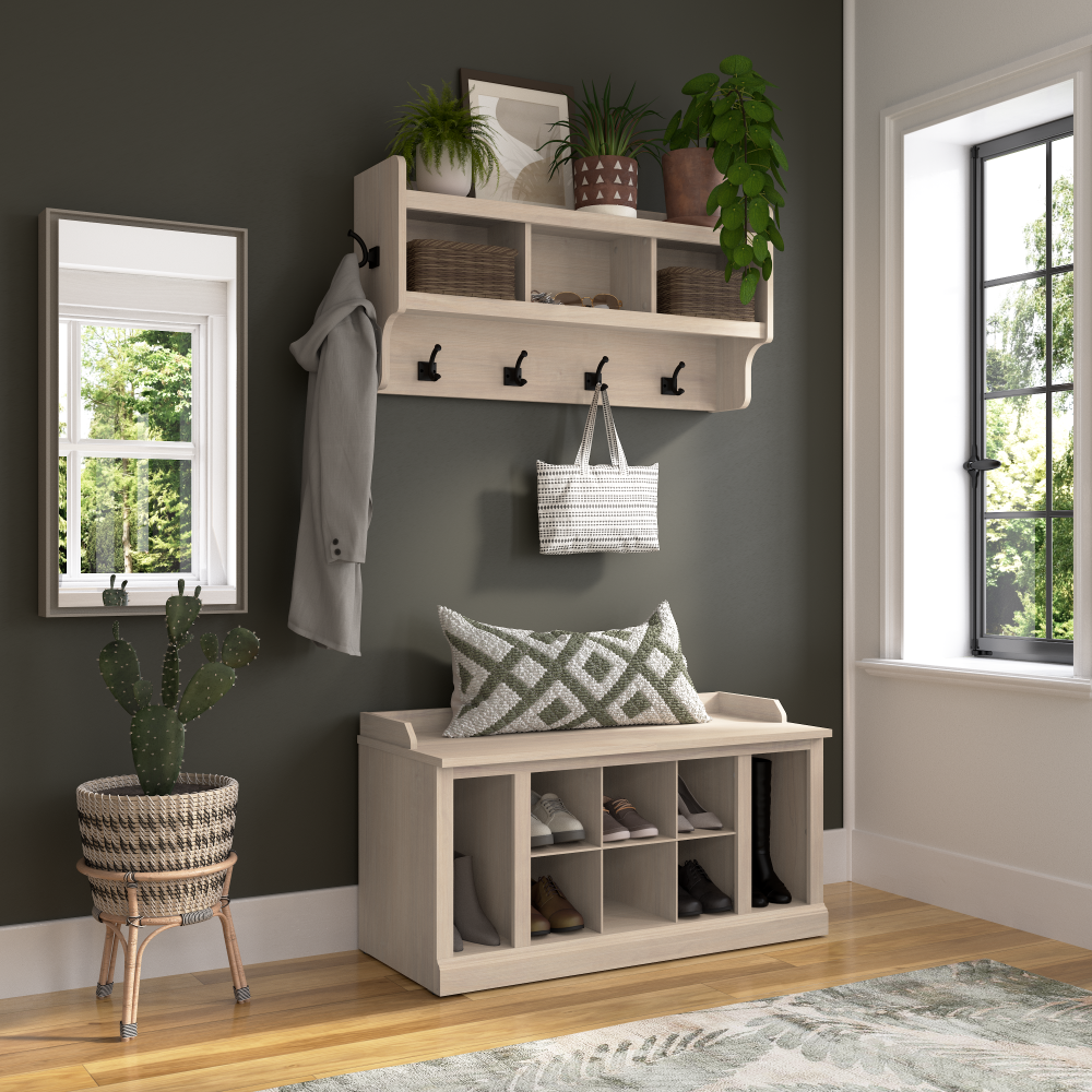 Shop Bush Furniture Woodland 40W Shoe Storage Bench with Shelves and Wall Mounted Coat Rack, Image 02, WDL004WM, #color_white washed maple