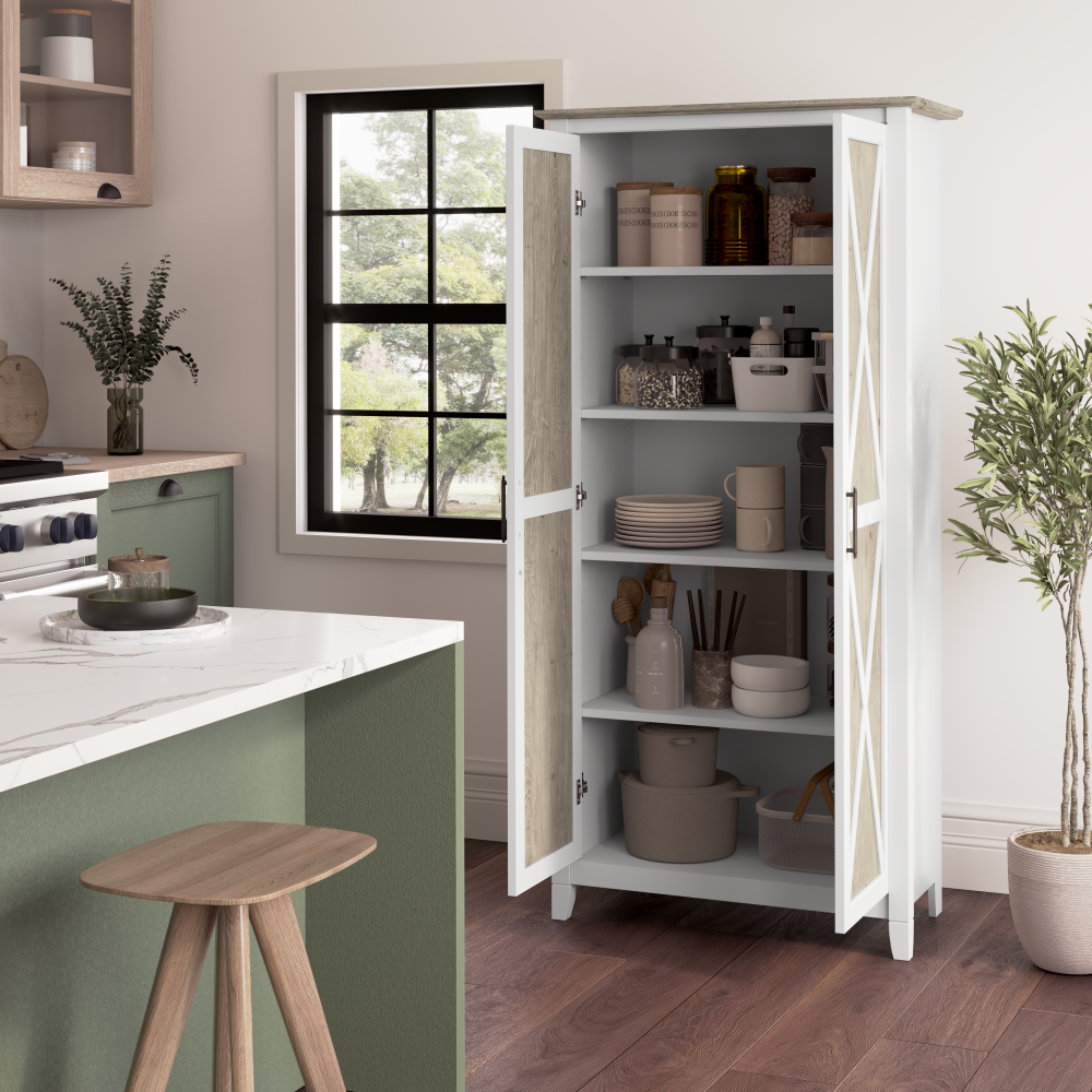 Shop Bush Furniture Key West Tall Kitchen Pantry Cabinet with Doors and Shelves, Image 04, KWS266G2W-Z, #color_shiplap gray/pure white