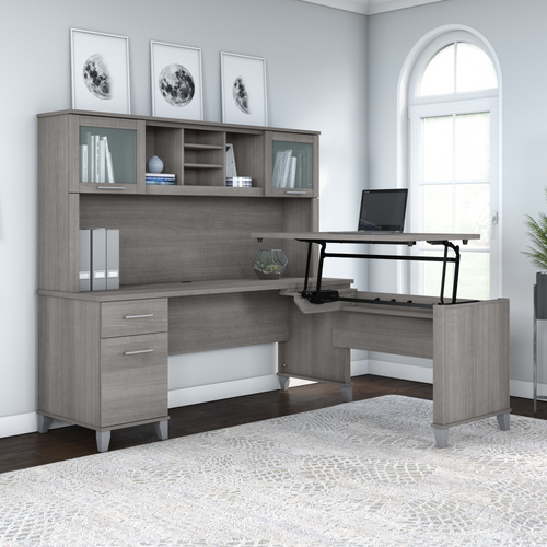 Shop Bush Furniture Somerset 72W 3 Position Sit to Stand L Shaped Desk with Hutch, Image 02, SET015PG, #color_platinum gray