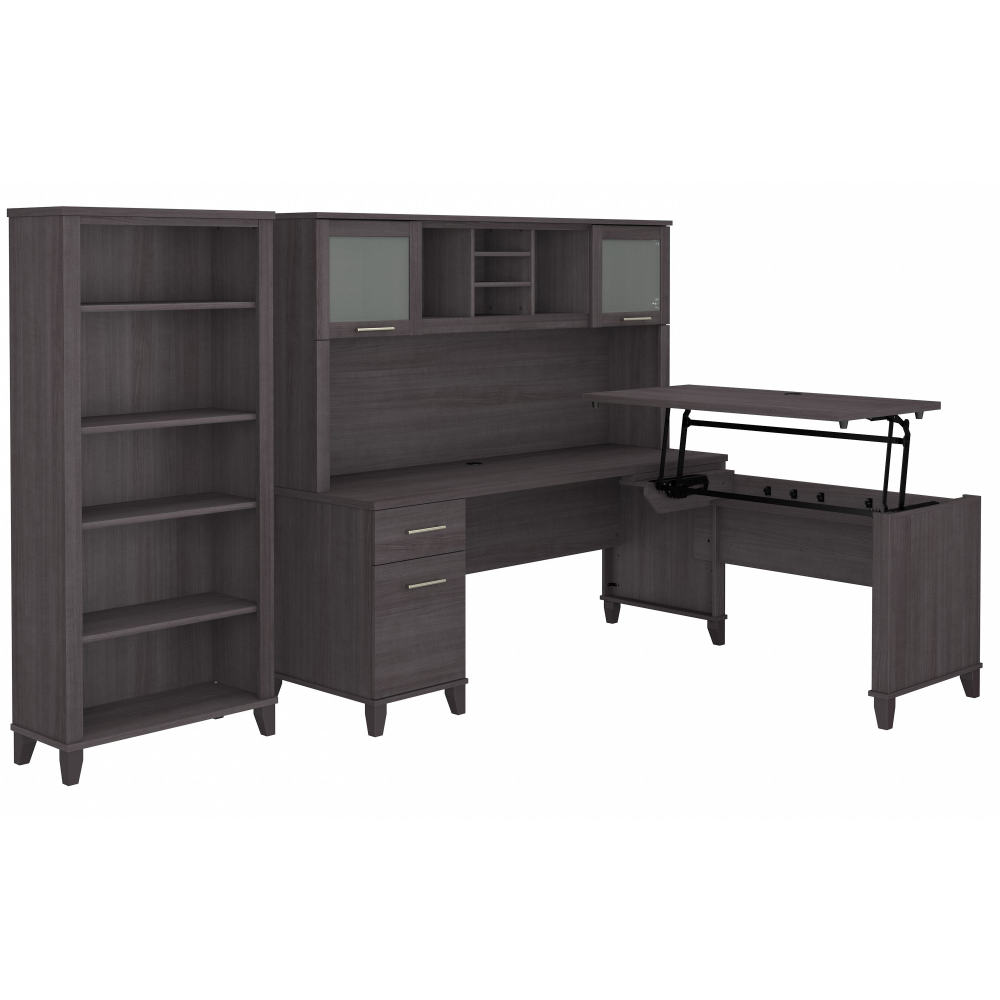 Shop Bush Furniture Somerset 72W 3 Position Sit to Stand L Shaped Desk with Hutch and Bookcase, Image 01, SET017SG, #color_storm gray