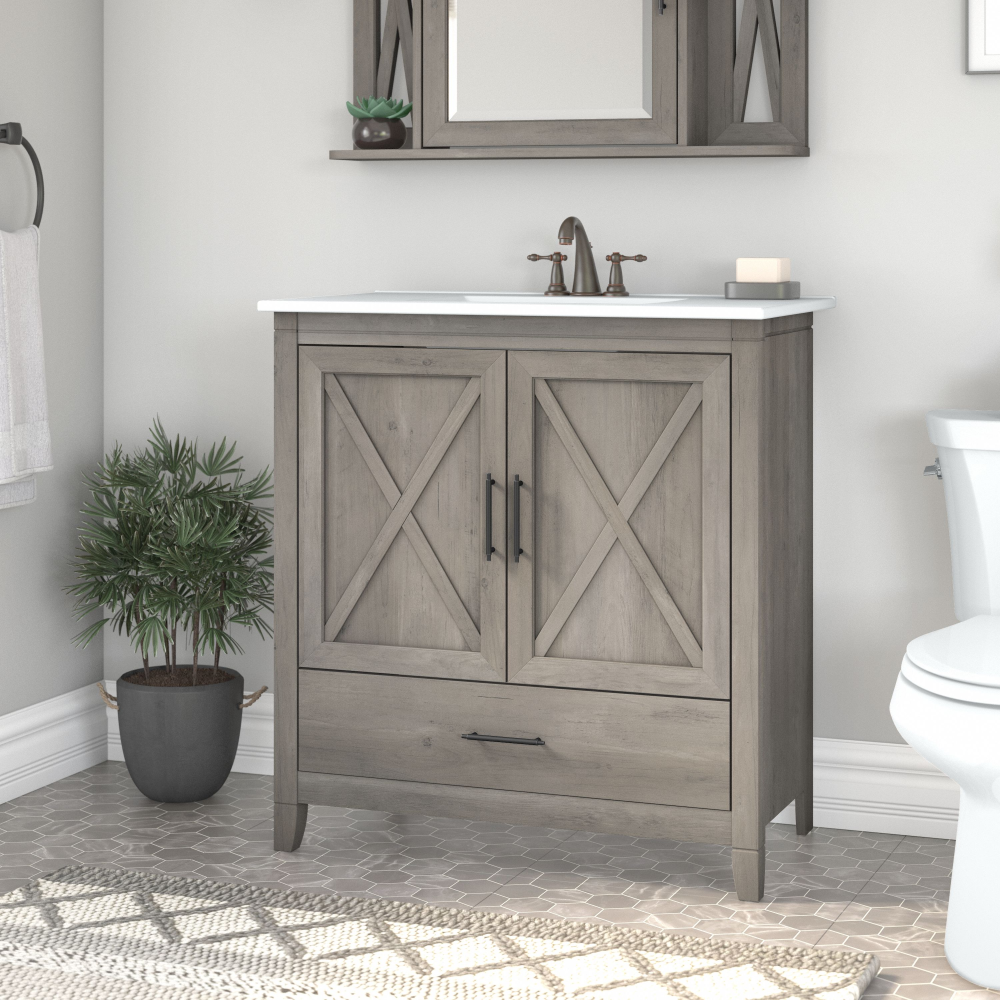 Shop Bush Furniture Key West 32W Bathroom Vanity with Sink, Image 02, KWVN132DG-03K, #color_driftwood gray