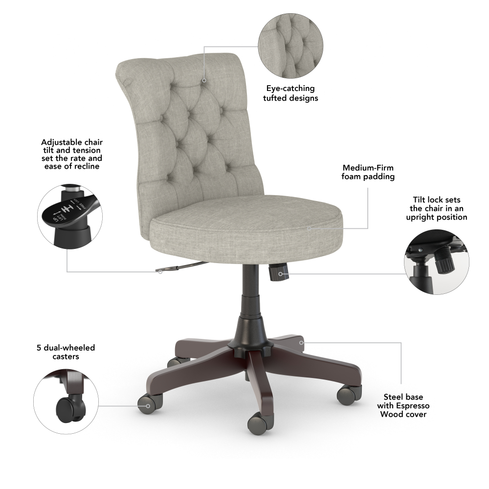 Shop Bush Furniture Key West 54W Computer Desk with Storage and Mid Back Tufted Office Chair, Image 06, KWS020WT, #color_pure white oak