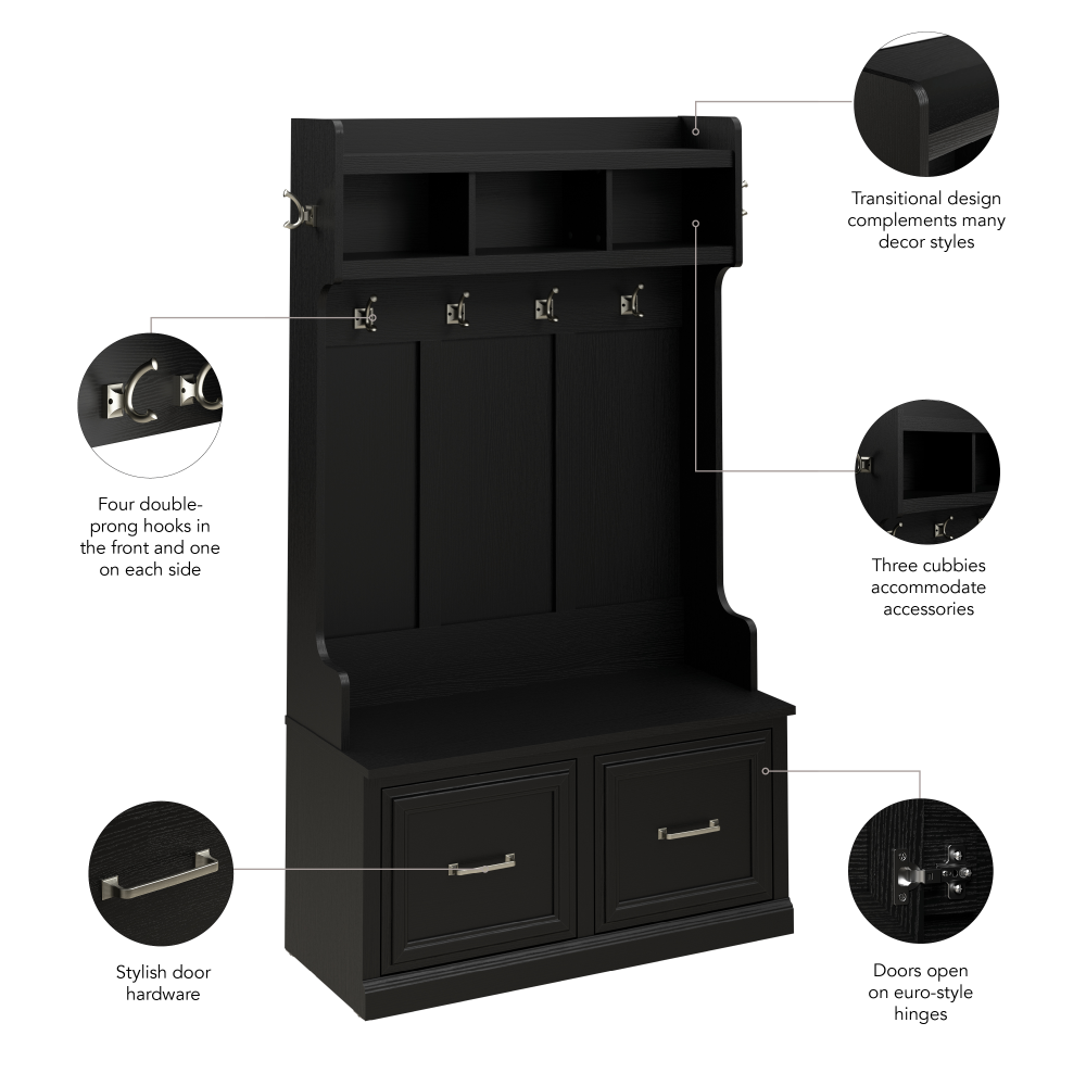 Shop Bush Furniture Woodland 40W Hall Tree and Shoe Storage Bench with Doors, Image 06, WDL001BS, #color_black suede oak