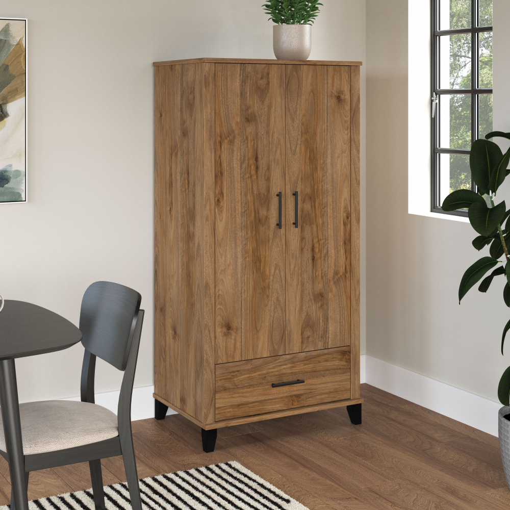 Shop Bush Furniture Somerset Tall Kitchen Pantry Cabinet with Doors and Drawer, Image 02, STS166FWK-Z, #color_fresh walnut