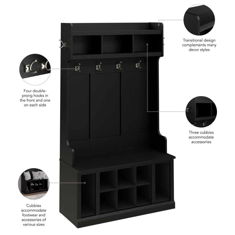 Shop Bush Furniture Woodland 40W Hall Tree and Shoe Storage Bench with Shelves, Image 06, WDL002BS, #color_black suede oak
