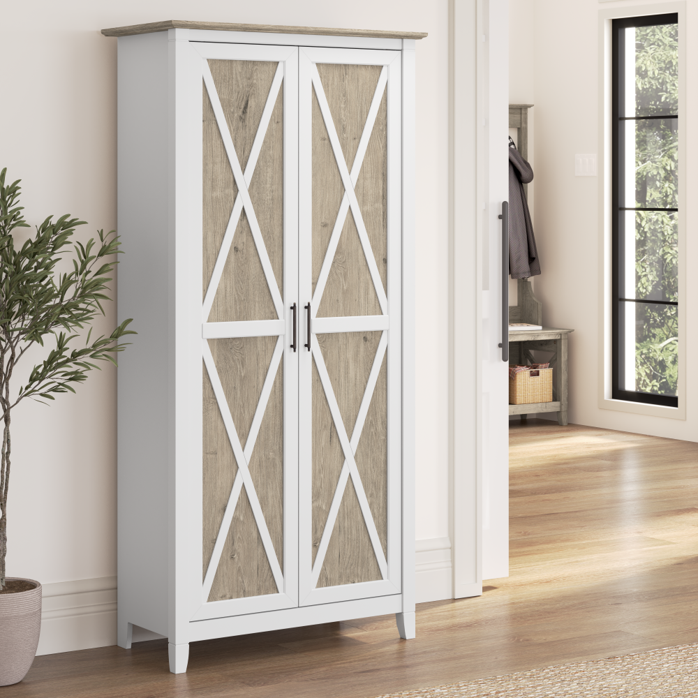Shop Bush Furniture Key West Tall Storage Cabinet with Doors and Shelves, Image 02, KWS266G2W-03, #color_shiplap gray/pure white