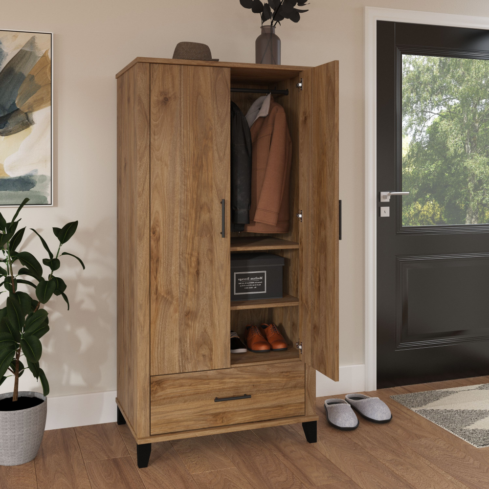 Shop Bush Furniture Somerset Tall Entryway Cabinet with Doors and Drawer, Image 04, STS166FWK-Z1, #color_fresh walnut