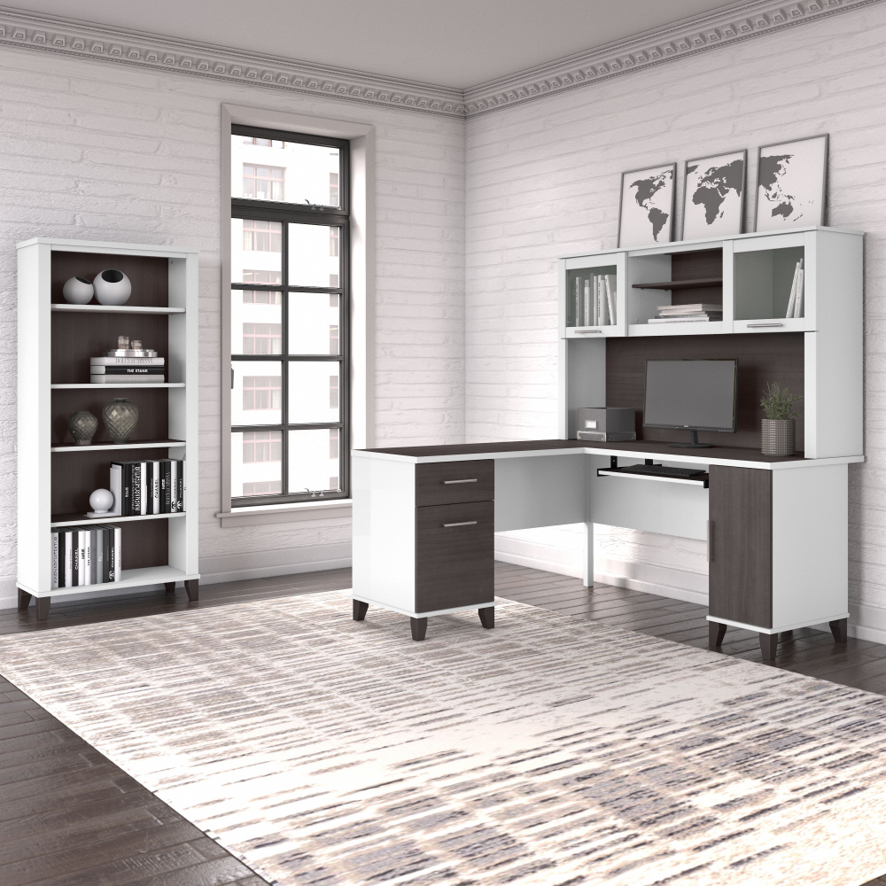 Shop Bush Furniture Somerset 60W L Shaped Desk with Hutch and 5 Shelf Bookcase, Image 02, SET010SGWH, #color_storm gray/white