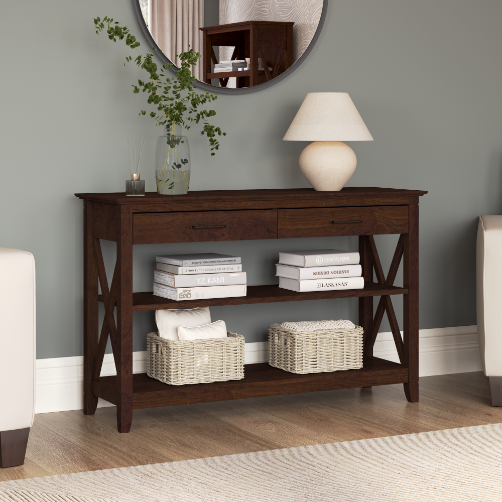 Shop Bush Furniture Key West Console Table with Drawers and Shelves, Image 02, KWT248BC-03, #color_bing cherry