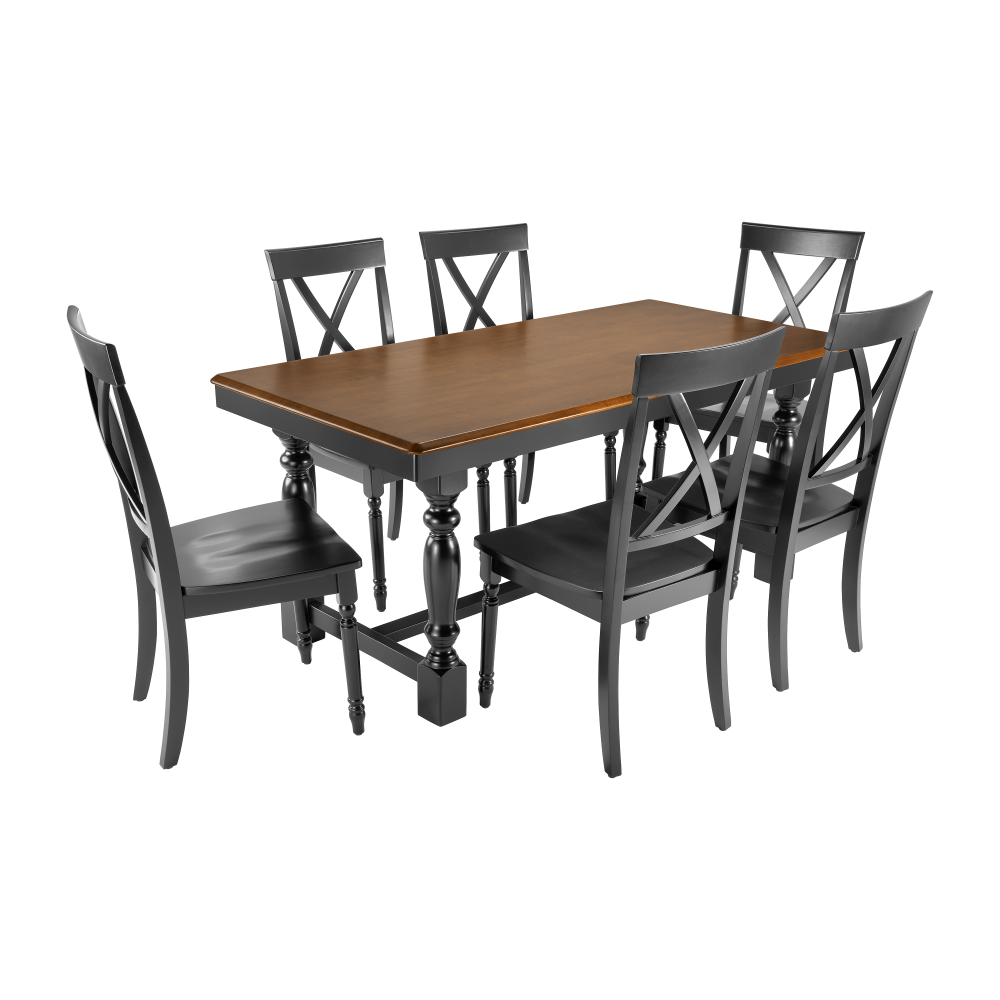 Shop Bush Furniture Sterling 67W Squire Trestle Dining Table with 6 Cross Back Dining Chairs, Image 01, STL001BMB, #color_burnished medium brown/black paint
