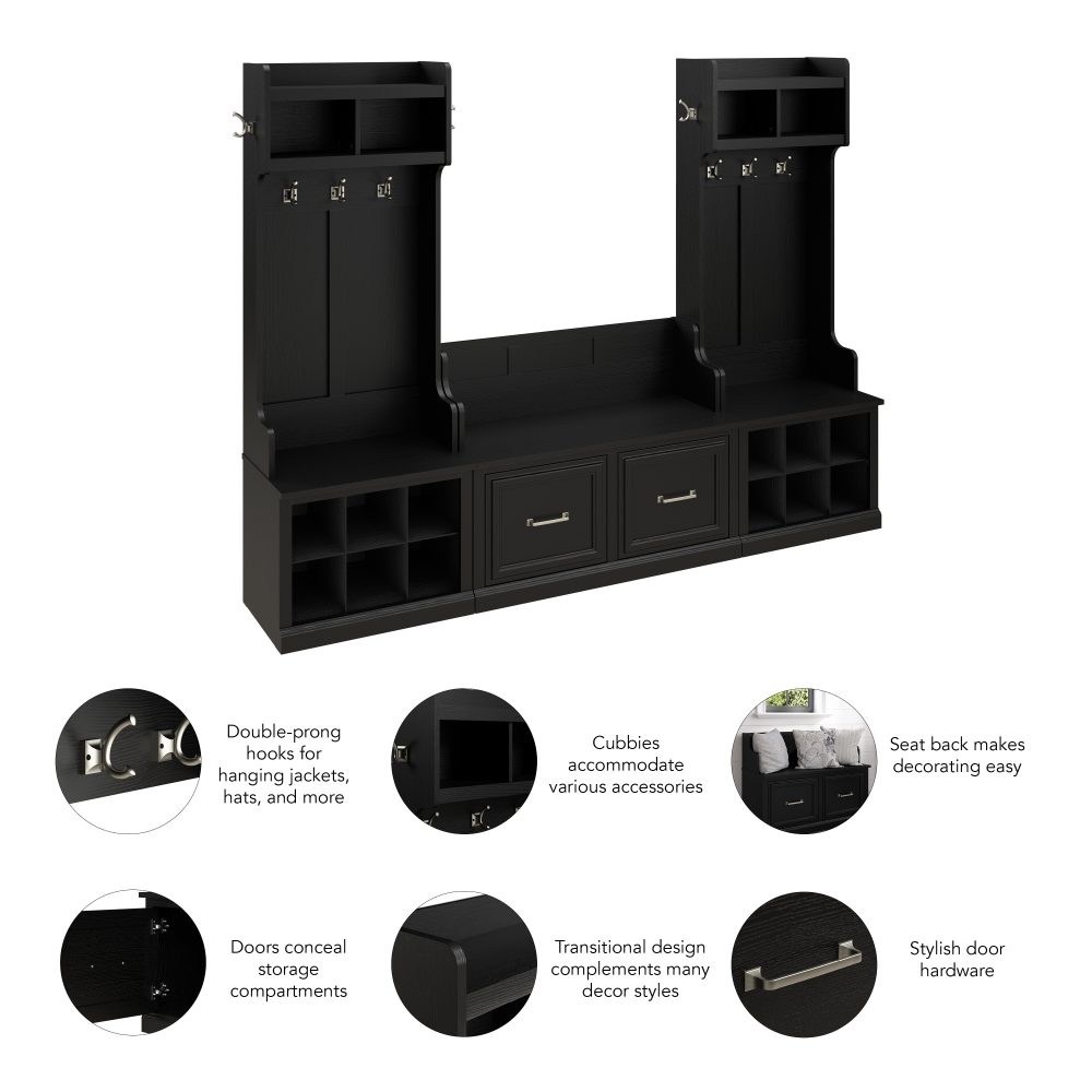 Shop Bush Furniture Woodland Entryway Storage Set with Hall Trees and Shoe Bench with Doors, Image 07, WDL011BS, #color_black suede oak