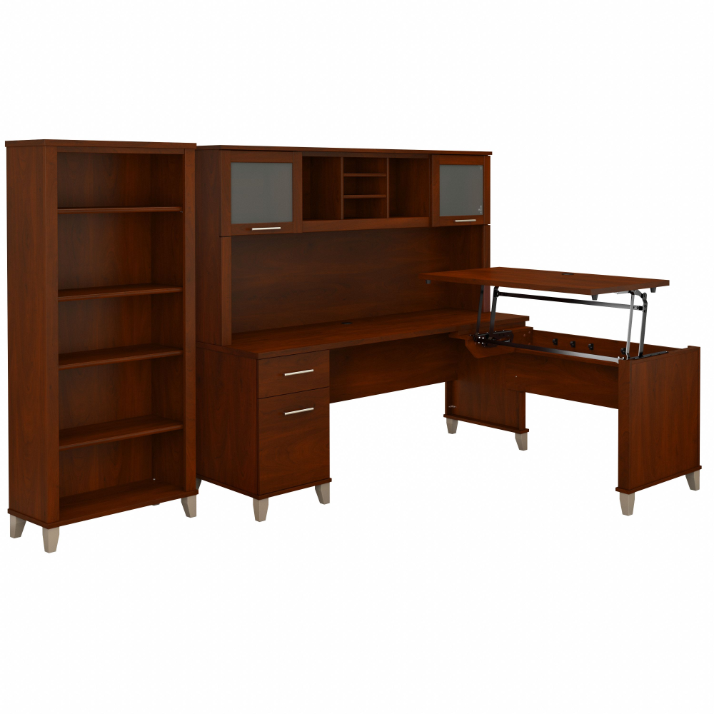 Shop Bush Furniture Somerset 72W 3 Position Sit to Stand L Shaped Desk with Hutch and Bookcase, Image 01, SET017HC, #color_hansen cherry