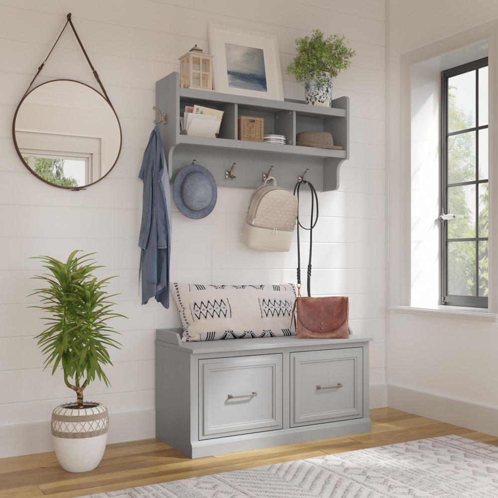 Shop Bush Furniture Woodland 40W Shoe Storage Bench with Doors and Wall Mounted Coat Rack, Image 02, WDL003CG, #color_cape cod gray