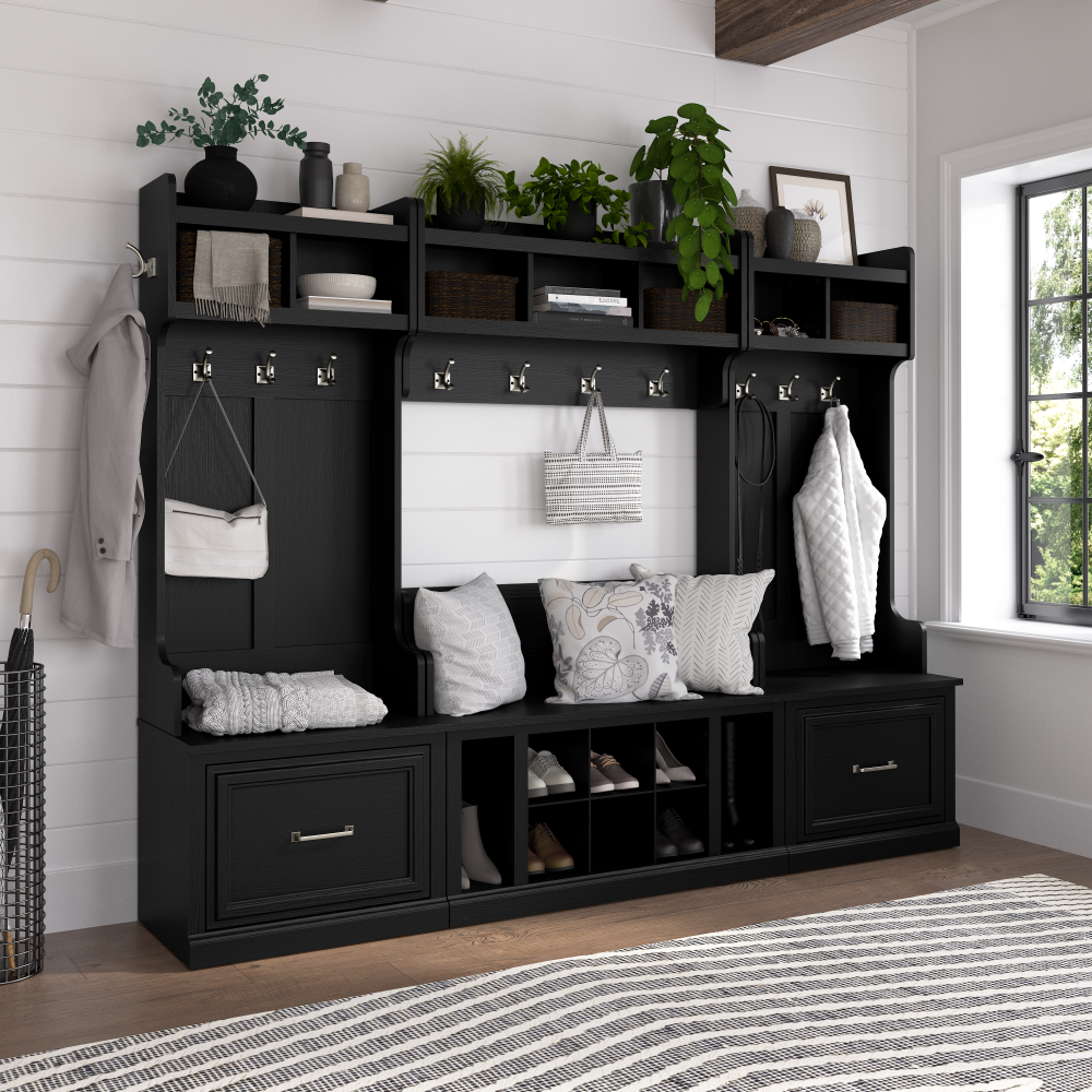 Shop Bush Furniture Woodland Full Entryway Storage Set with Coat Rack and Shoe Bench with Drawers, Image 02, WDL014BS, #color_black suede oak