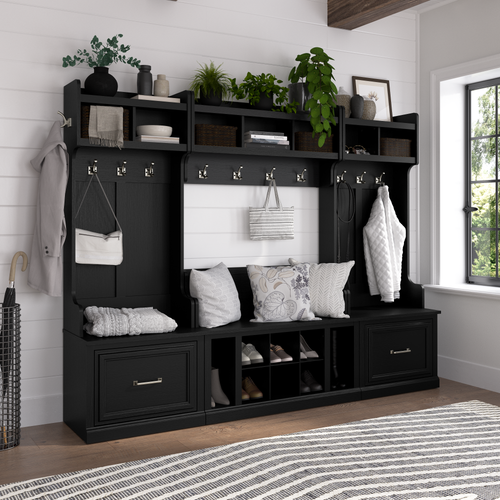 Shop Bush Furniture Woodland Full Entryway Storage Set with Coat Rack and Shoe Bench with Drawers, Image 02, WDL014BS, #color_black suede oak