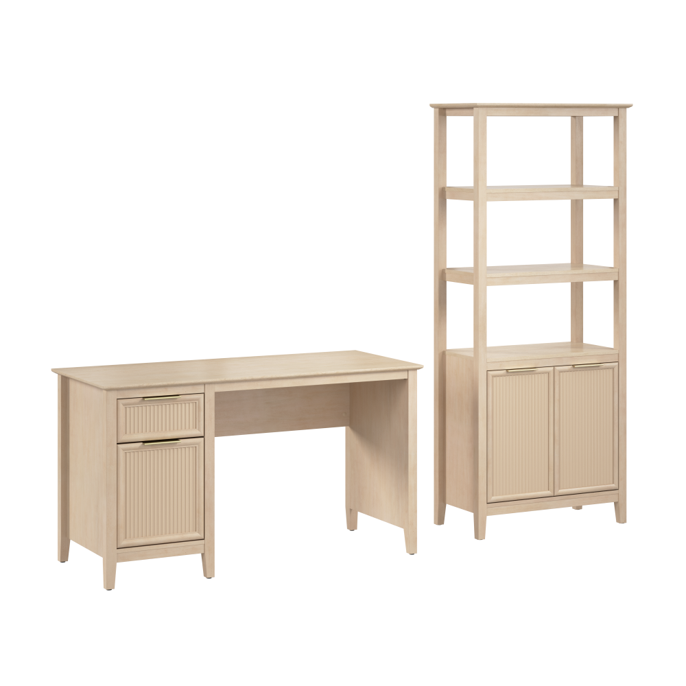 Shop Bush Home Camille 54W Fluted Office Desk with Storage and 5 Shelf Bookcase with Doors, Image 01, CML006NB, #color_natural birch