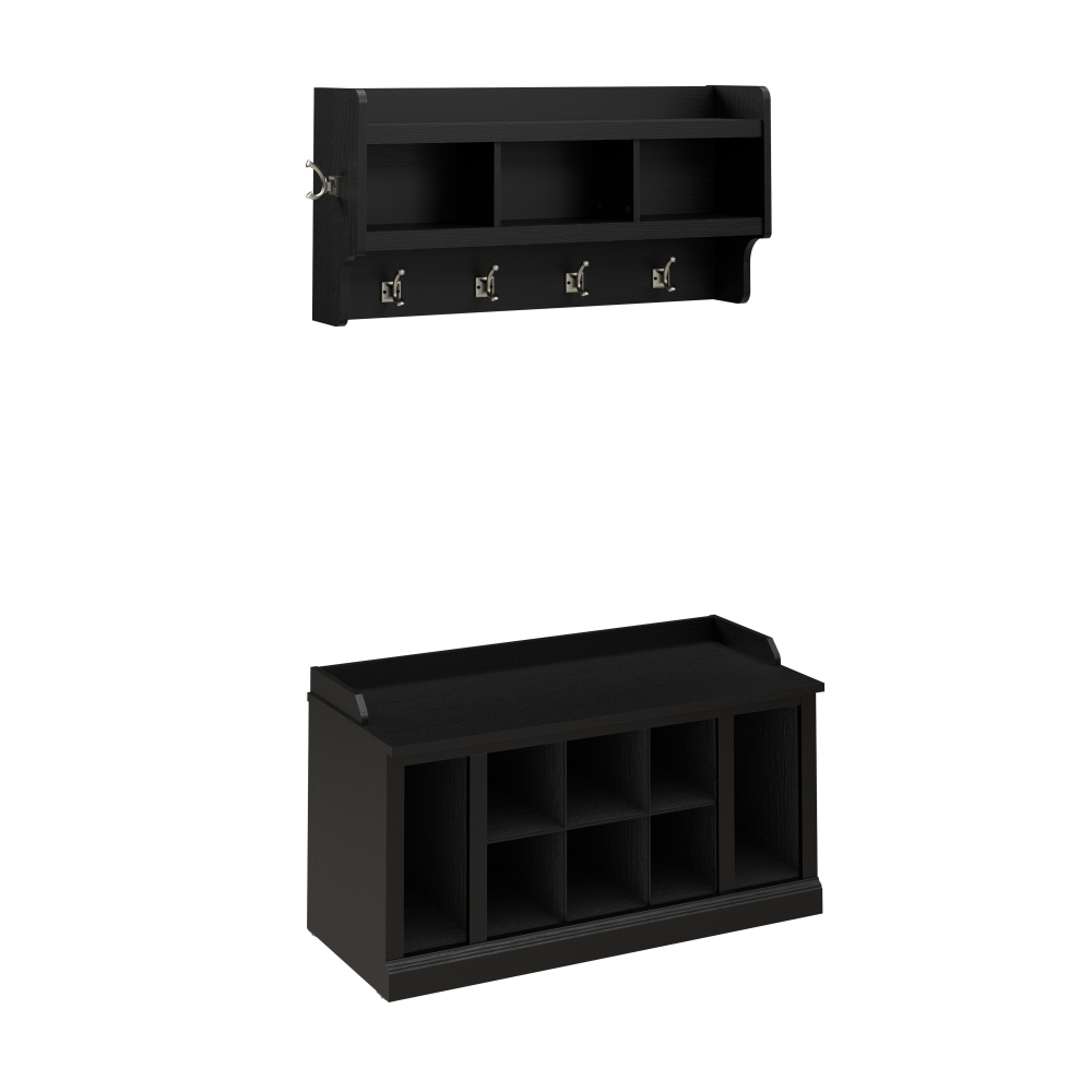 Shop Bush Furniture Woodland 40W Shoe Storage Bench with Shelves and Wall Mounted Coat Rack, Image 01, WDL004BS, #color_black suede oak