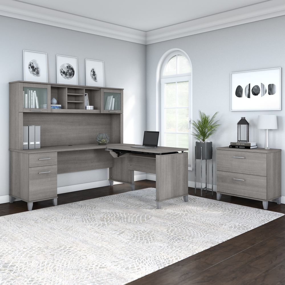 Shop Bush Furniture Somerset 72W 3 Position Sit to Stand L Shaped Desk with Hutch and File Cabinet, Image 04, SET016PG, #color_platinum gray