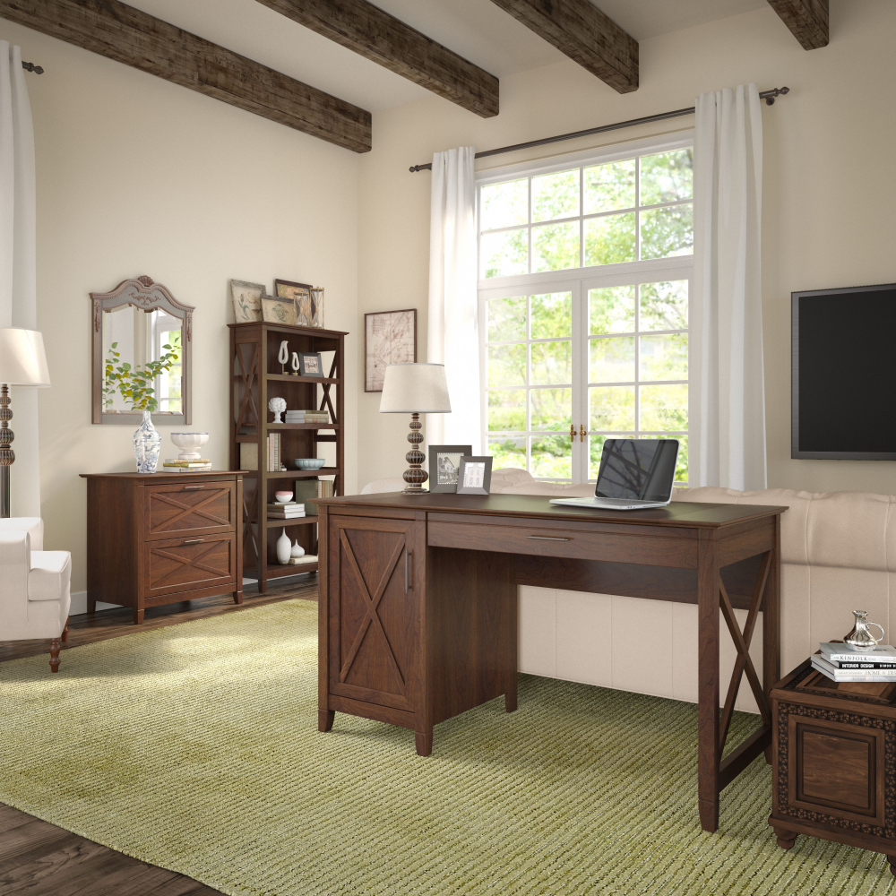 Shop Bush Furniture Key West 54W Computer Desk with 2 Drawer Lateral File Cabinet and 5 Shelf Bookcase, Image 02, KWS009BC, #color_bing cherry