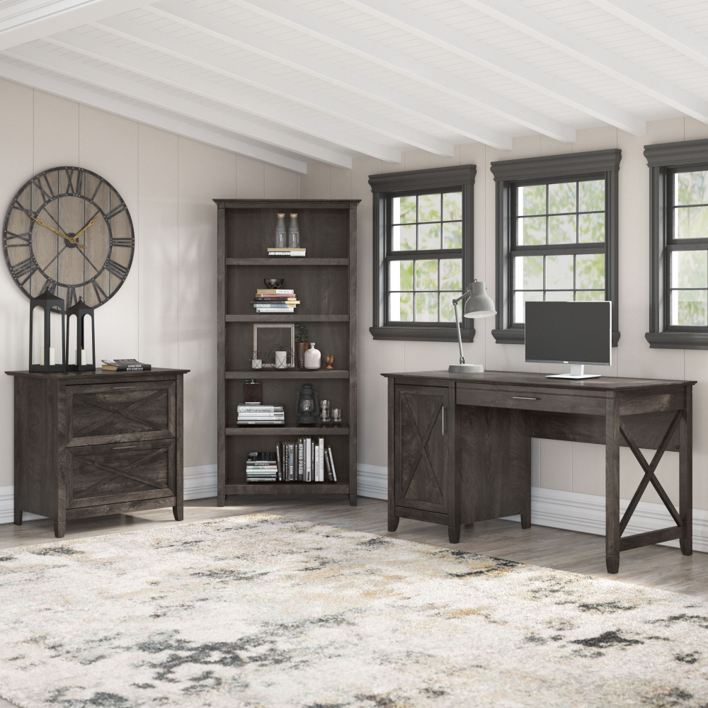 Shop Bush Furniture Key West 54W Computer Desk with 2 Drawer Lateral File Cabinet and 5 Shelf Bookcase, Image 02, KWS009GH, #color_dark gray hickory