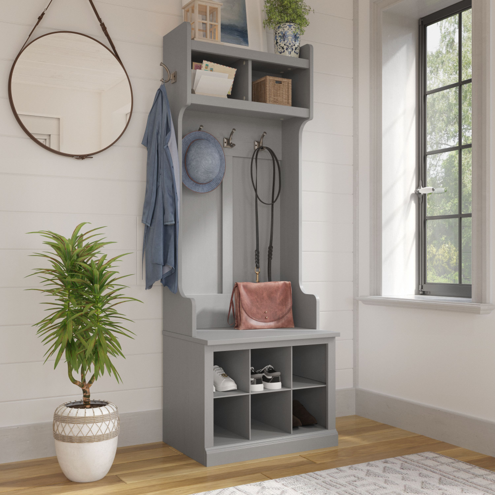 Shop Bush Furniture Woodland 24W Hall Tree and Small Shoe Bench with Shelves, Image 02, WDL008CG, #color_cape cod gray