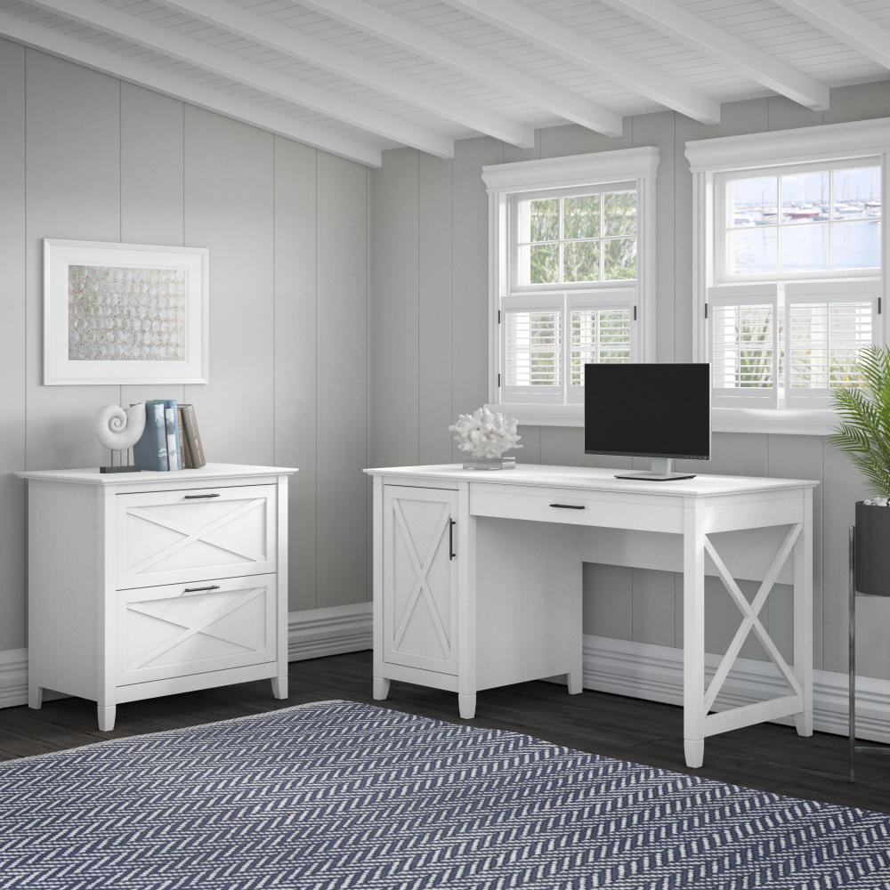 Shop Bush Furniture Key West 54W Computer Desk with Storage and 2 Drawer Lateral File Cabinet, Image 02, KWS008WT, #color_pure white oak