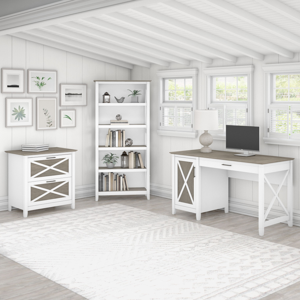 Shop Bush Furniture Key West 54W Computer Desk with 2 Drawer Lateral File Cabinet and 5 Shelf Bookcase, Image 02, KWS009G2W, #color_shiplap gray/pure white