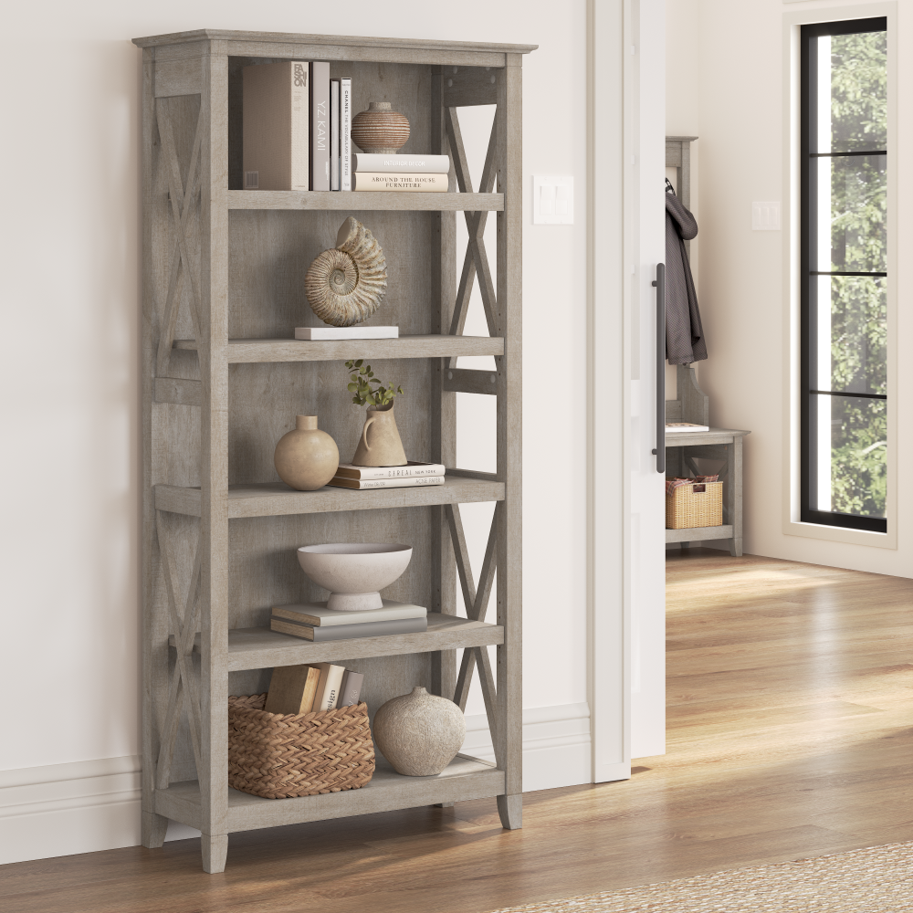 Shop Bush Furniture Key West Tall 5 Shelf Bookcase, Image 02, KWB132WG-03, #color_washed gray