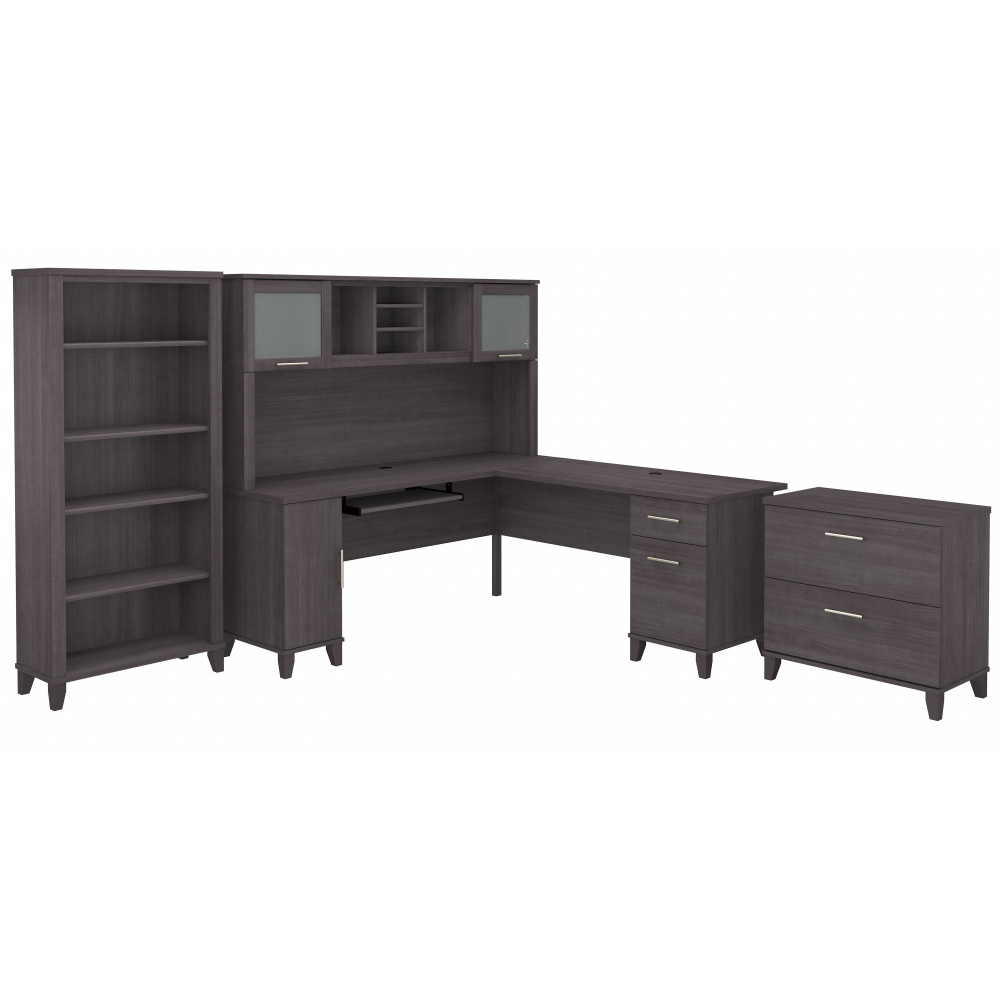 Shop Bush Furniture Somerset 72W L Shaped Desk with Hutch, Lateral File Cabinet and Bookcase, Image 01, SET012SG, #color_storm gray