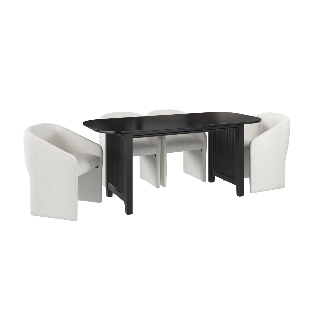 Shop Bush Home Camille Fluted Base 71W Dining Table with 4 Upholstered Barrel Dining Chairs, Image 01, CML013OB, #color_onyx birch/light cream fabric