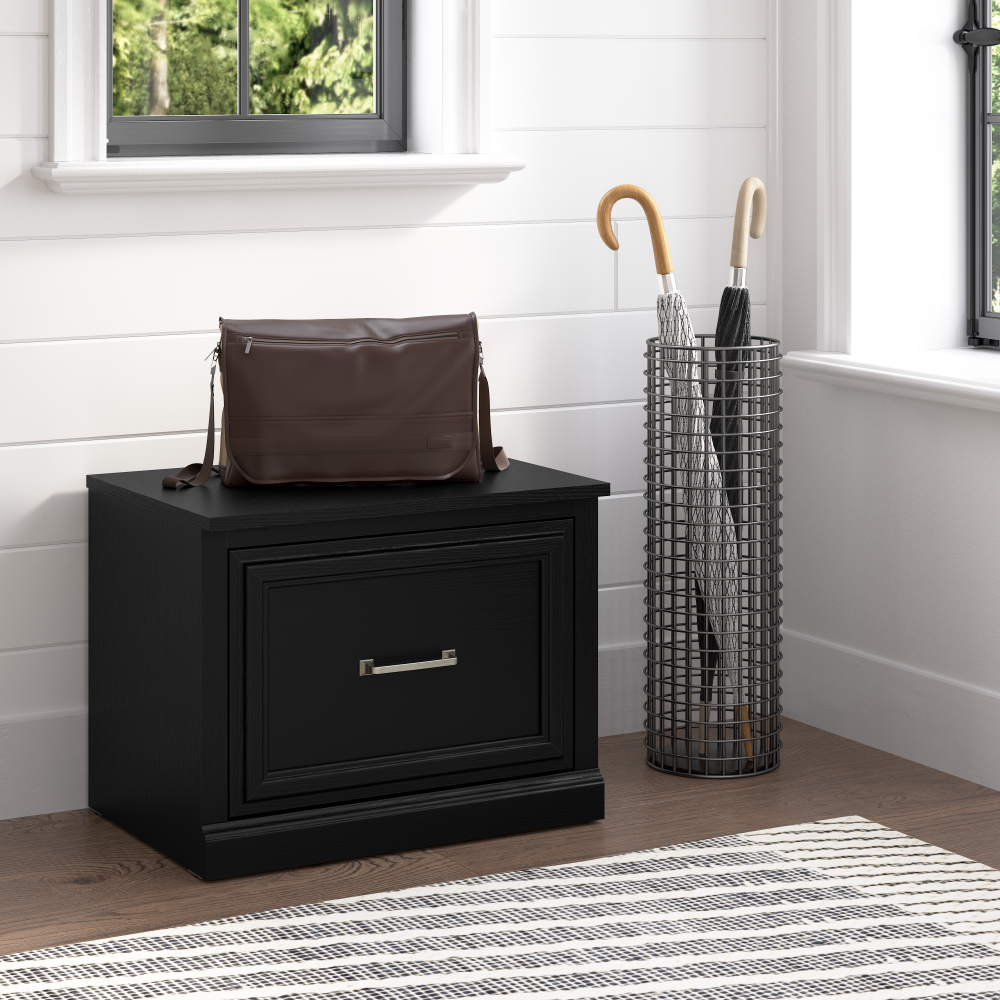 Shop Bush Furniture Woodland 24W Small Shoe Bench with Drawer, Image 02, WDS124BS-03, #color_black suede oak